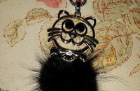 Halskette mit schwarz-haariger Katze auf silberfarbigem Metall