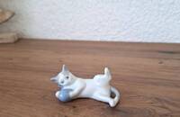 Kleine Katze seitlich liegend mit blauer Balle 