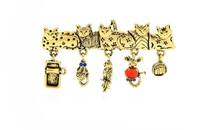 Brosche 5 Katzen mit Accessoires gold