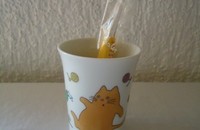 Porzellanbecher mit aufgestellter Katze und Zahnbürste