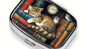 Pillendose Katze im Bücherregal